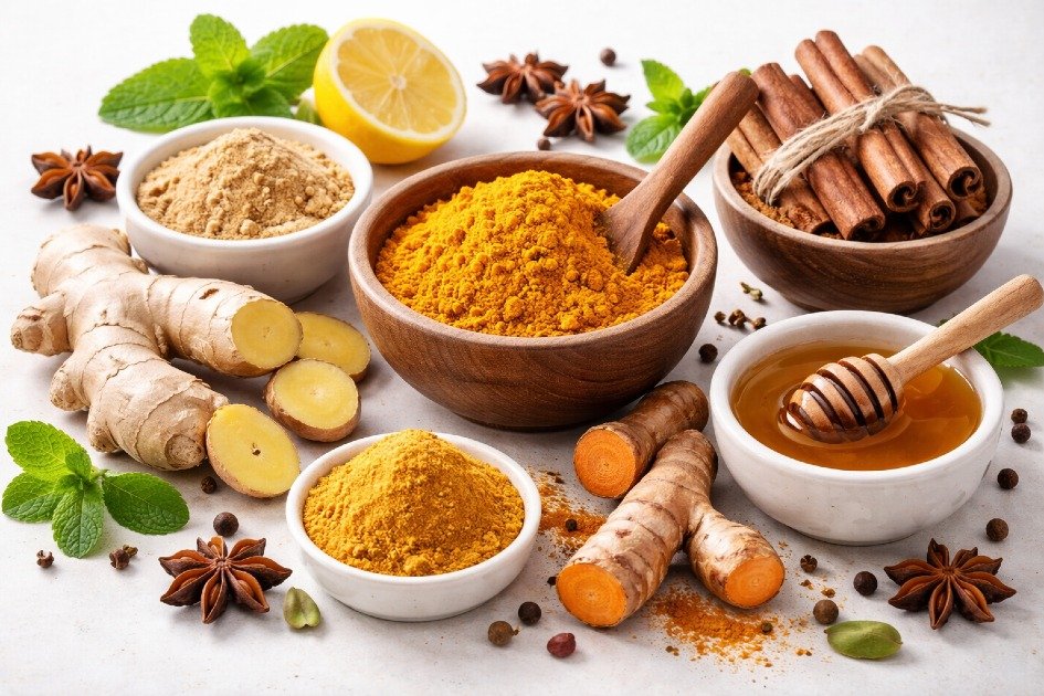 Assorted healing spices like turmeric, ginger, and cinnamon in bowls, promoting natural daily wellness