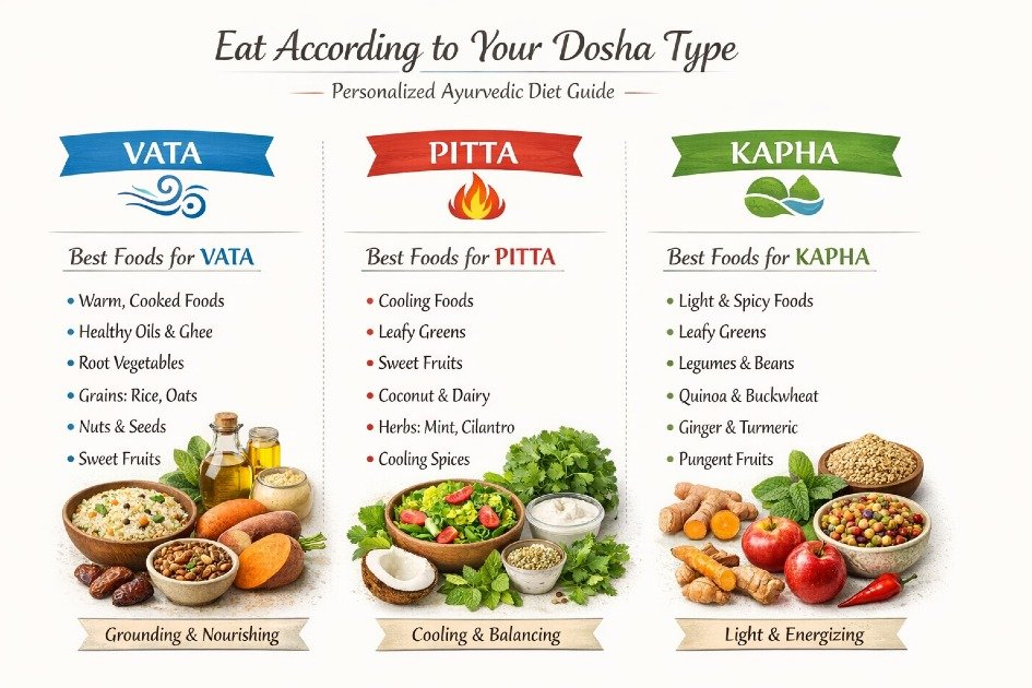 Personalized Ayurvedic diet guide showing foods for Vata, Pitta, and Kapha dosha types