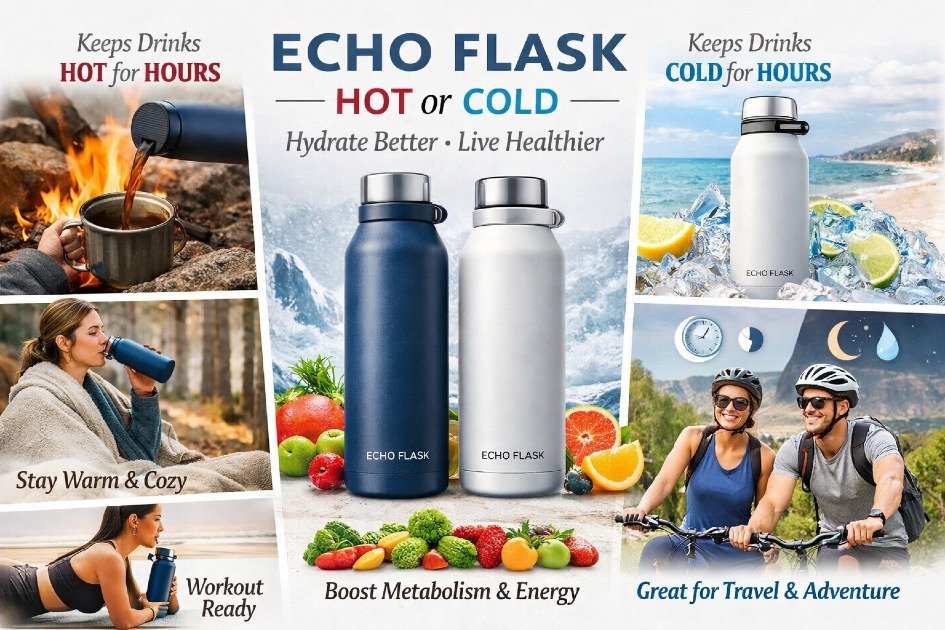 Echo Flask keeping beverages hot or cold, highlighting health and lifestyle benefits
