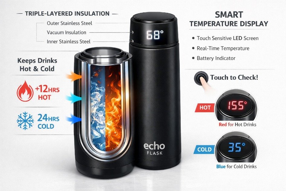 Echo Flask in action showing insulated design and smart temperature display