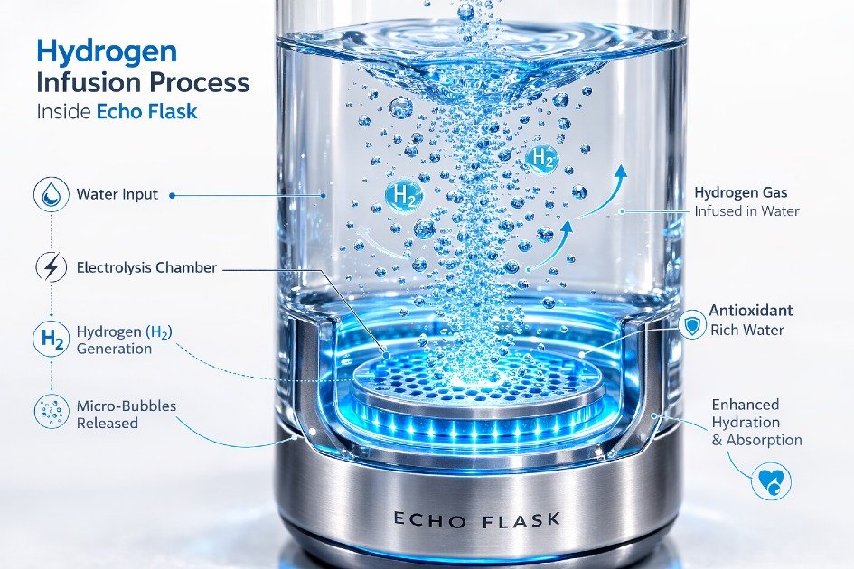 Close-up of hydrogen infusion process inside Echo Flask