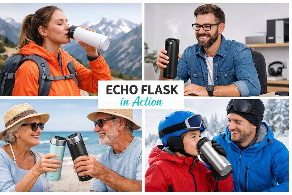 Echo Flask in use showing ideal users enjoying hot and cold beverages
