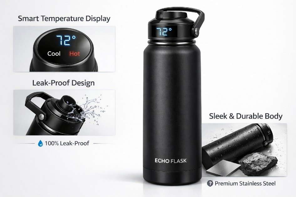 Echo Flask highlighting its smart temperature control, leak-proof design, and sleek durable body