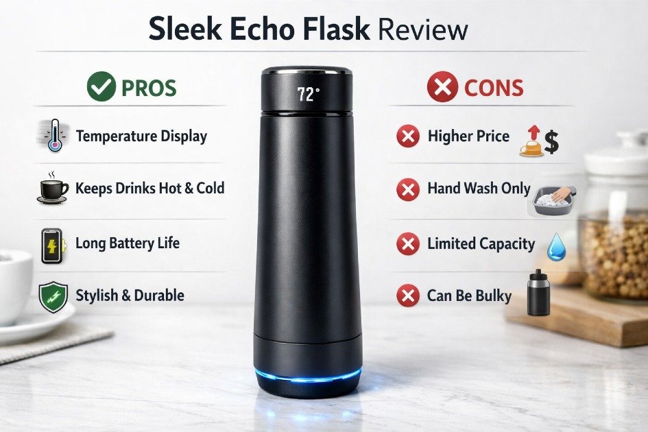 Sleek Echo Flask on a kitchen counter highlighting its benefits and drawbacks