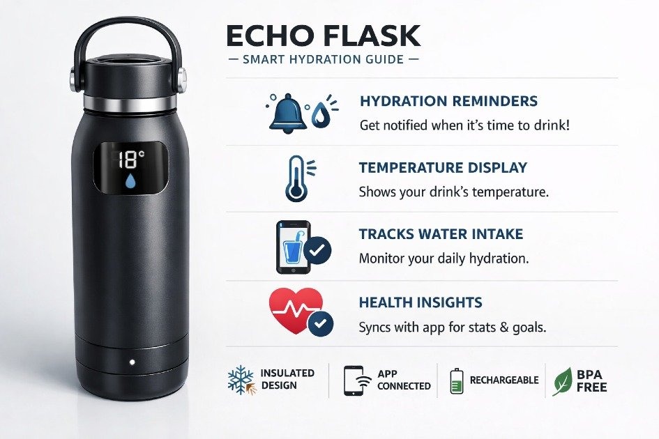 Echo Flask smart hydration device showing modern design and usage benefits