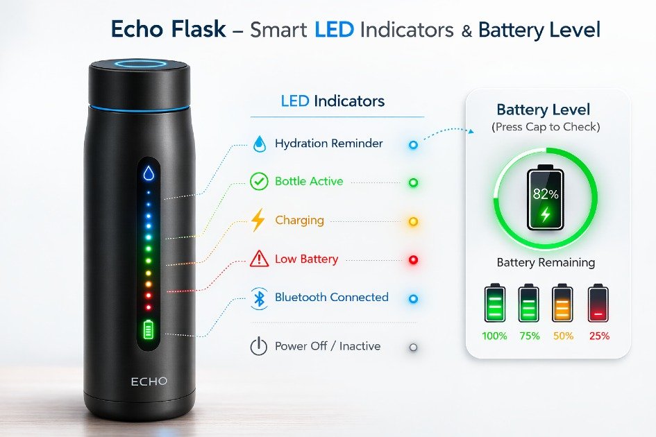 Echo Flask bottle showing LED indicators and battery level