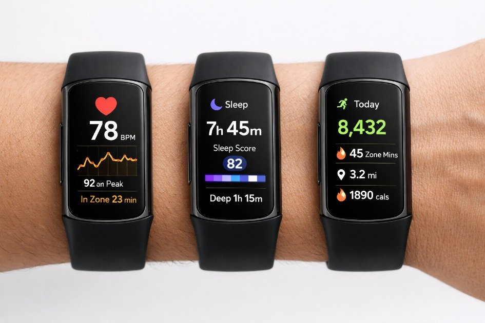 Fitbit Charge 6 on wrist displaying health metrics with sleek design and modern interface