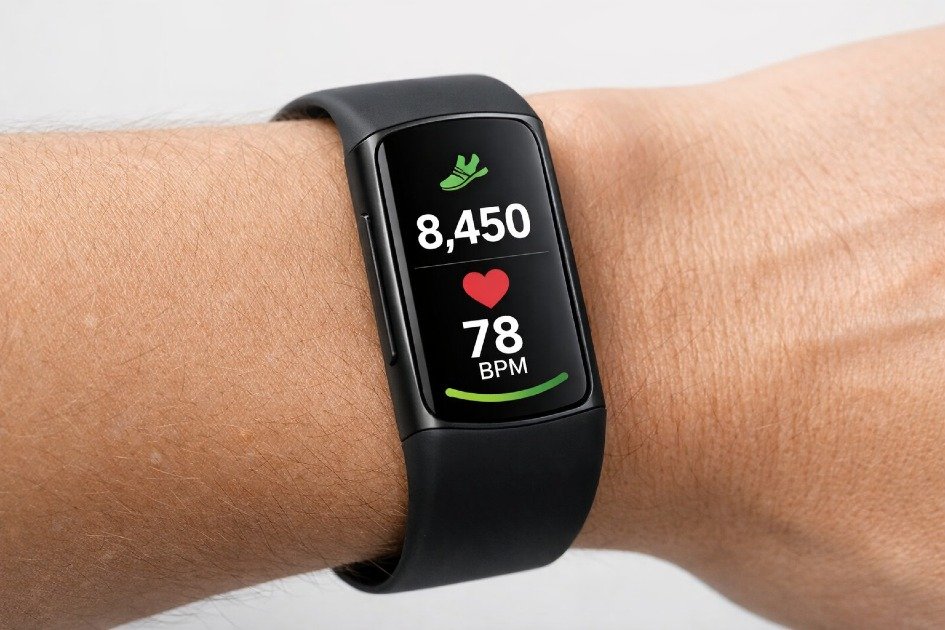 Fitbit Charge 6 on wrist showing step count and heart rate