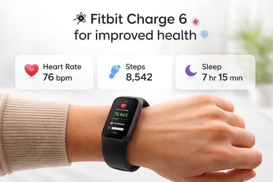 Fitbit Charge 6 on wrist tracking heart rate, steps, and sleep for improved health