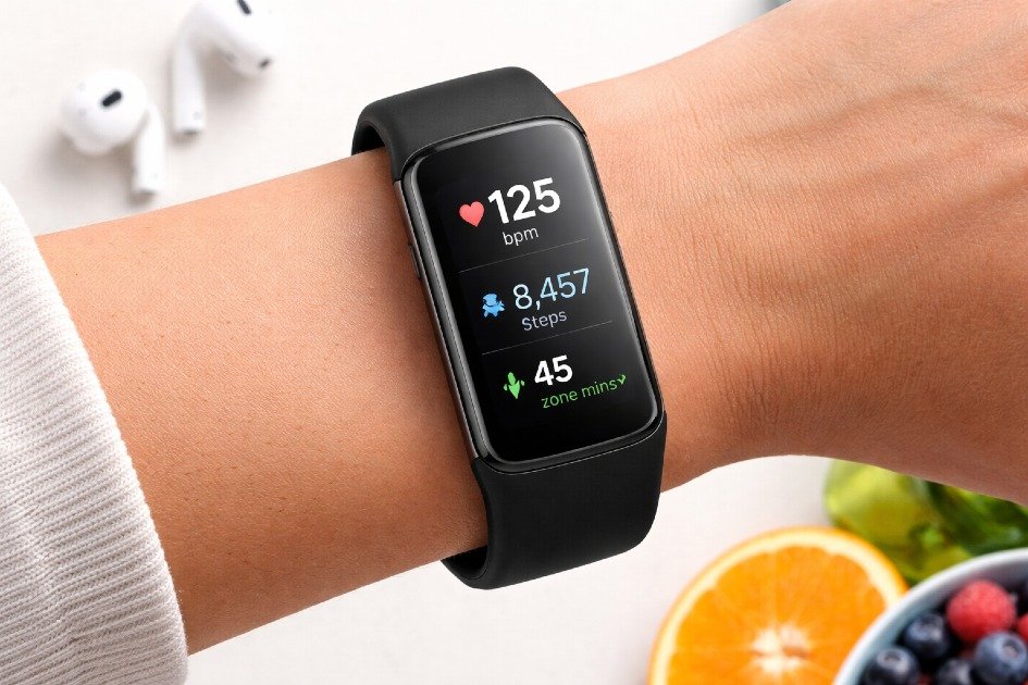 Fitbit Charge 6 on wrist displaying heart rate, sleep, and activity tracking data in real-time.