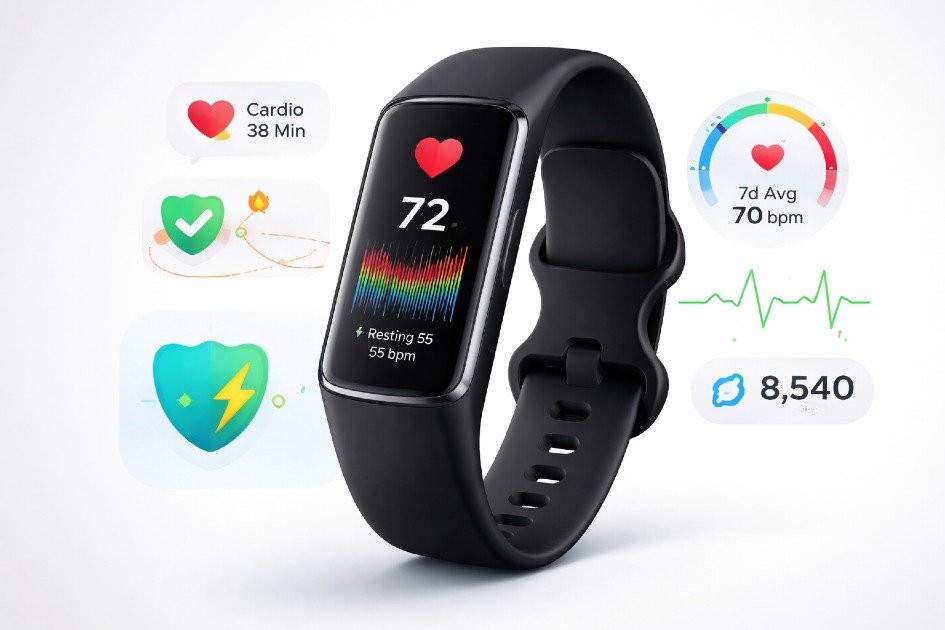 Fitbit Charge 6 on wrist displaying health metrics and activity tracking