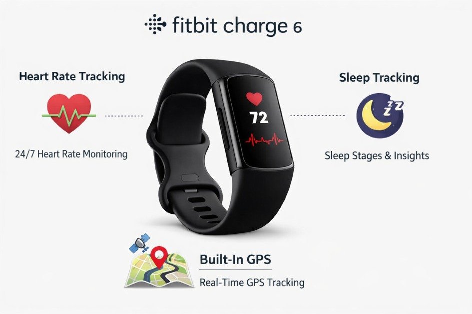 Fitbit Charge 6 fitness tracker highlighting heart rate, sleep tracking, and GPS features.