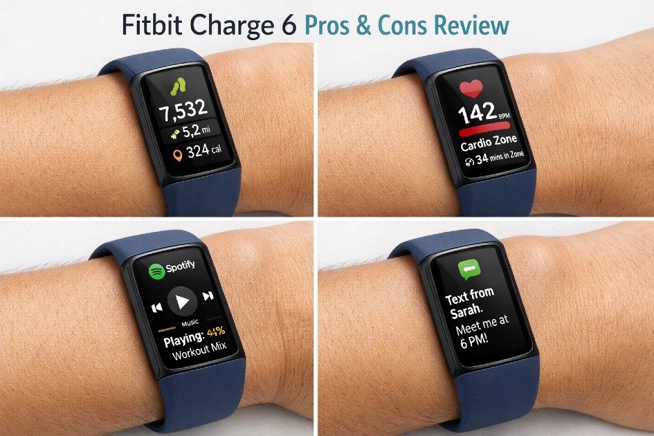 Fitbit Charge 6 on a wrist showing pros and cons