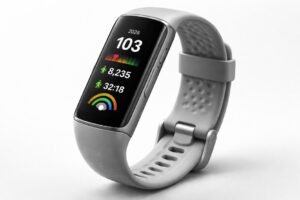 Fitbit Charge 6 fitness tracker displaying heart rate, steps, and workout tracking on a sleek wrist design