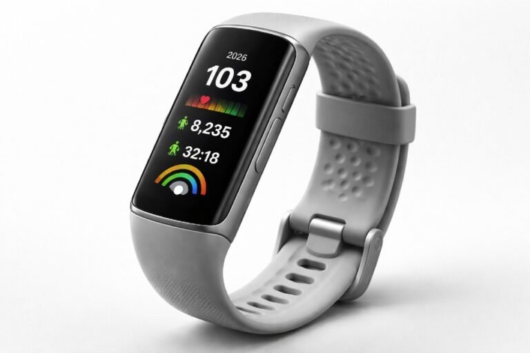 Fitbit Charge 6 fitness tracker displaying heart rate, steps, and workout tracking on a sleek wrist design