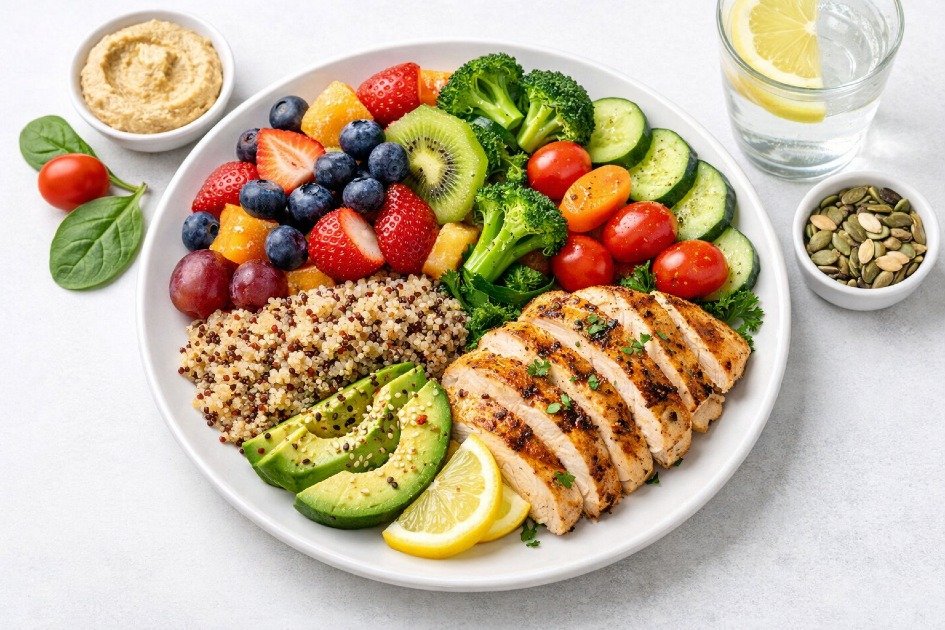 Healthy balanced meal with fruits, vegetables, lean protein, and whole grains for optimal energy and wellness