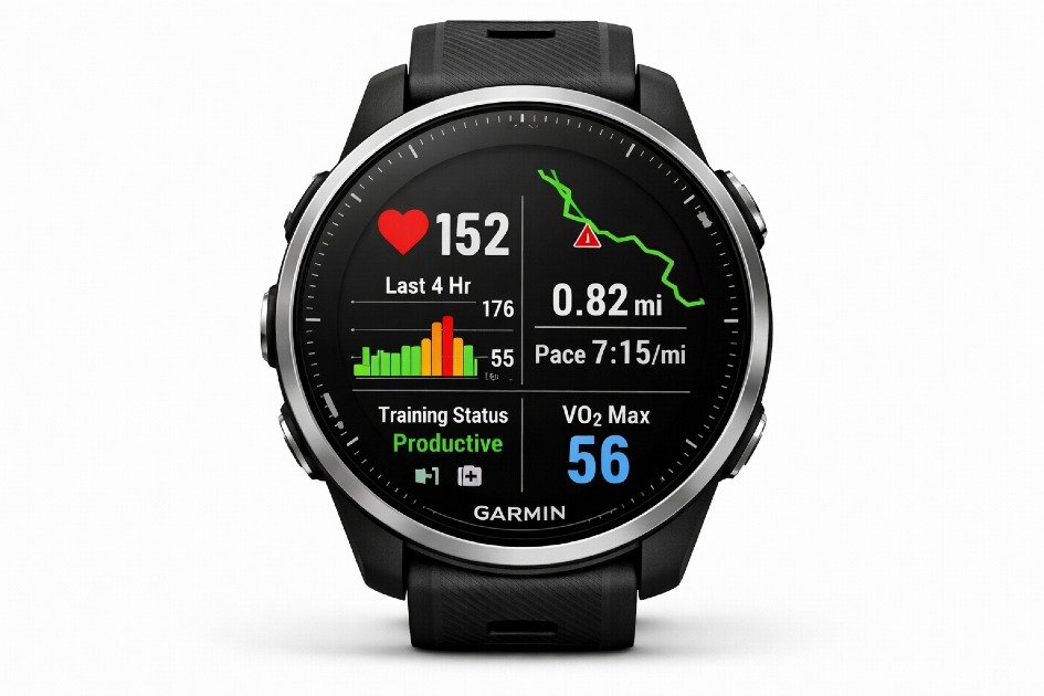 Garmin Forerunner 970 smartwatch displaying heart rate, GPS tracking, and fitness metrics