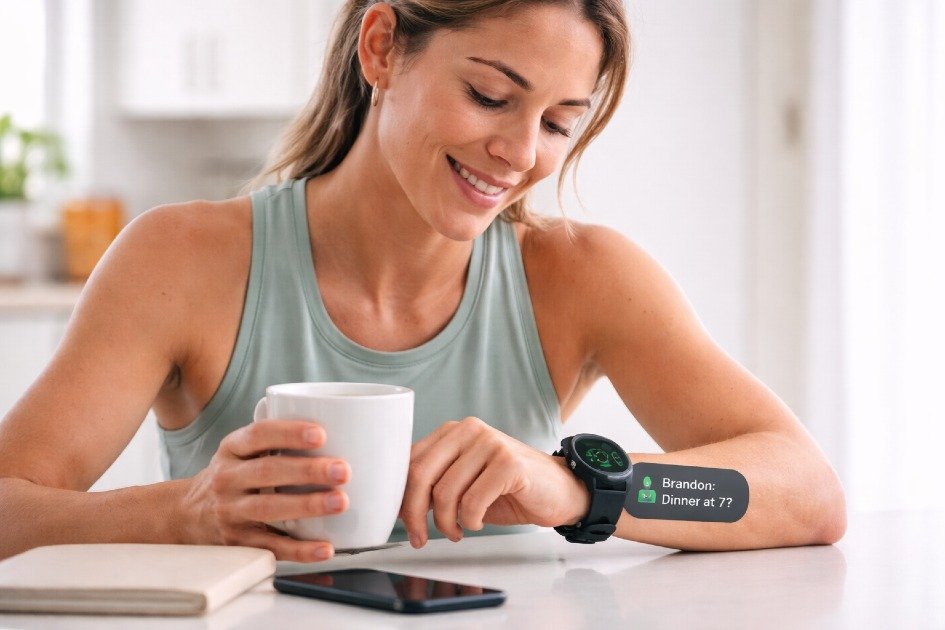 Person using Garmin Forerunner 970 smartwatch in daily lifestyle setting checking notifications