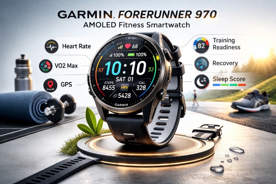 Garmin Forerunner 970 smartwatch displaying fitness metrics.