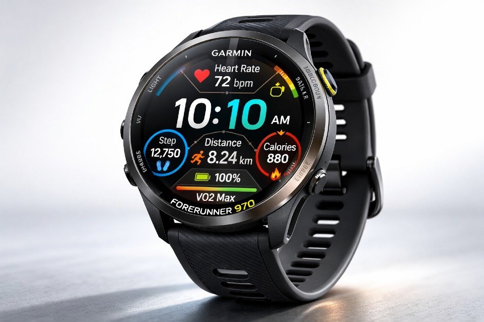 Garmin Forerunner 970 smartwatch with AMOLED display showing fitness metrics on a sleek wrist