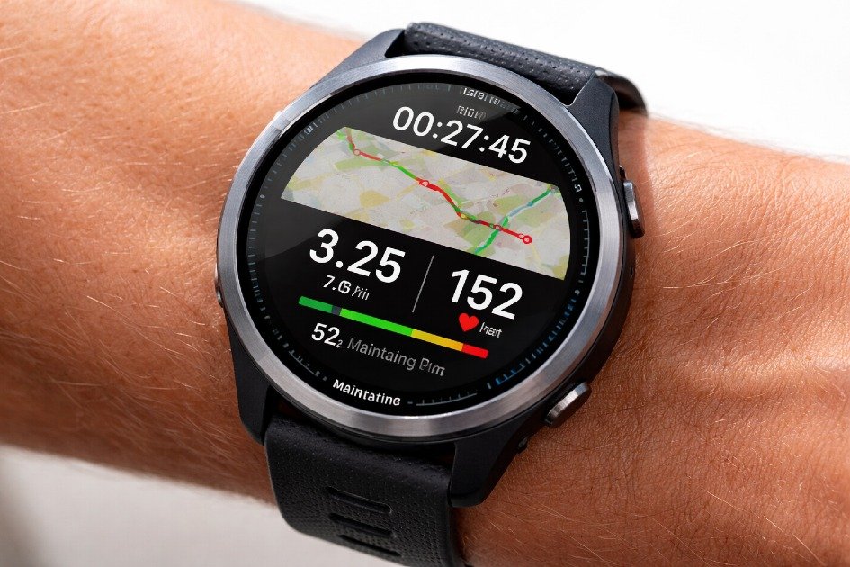 Garmin Forerunner 970 smartwatch displaying GPS, heart rate, and fitness metrics on wrist