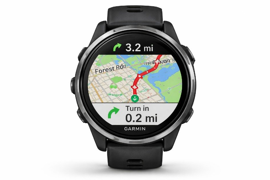 Garmin Forerunner 970 showing GPS route navigation and mapping on smartwatch display
