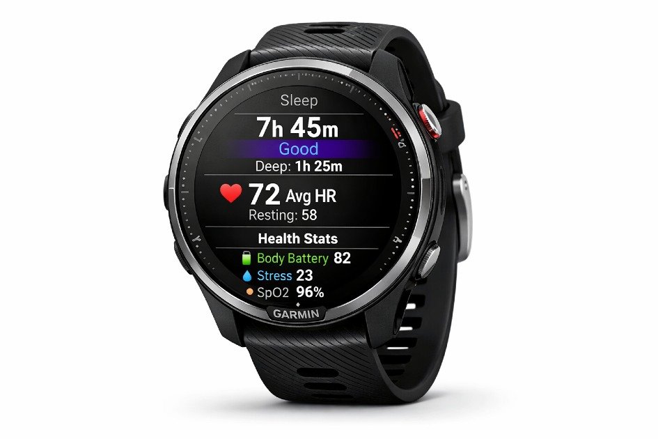 Garmin Forerunner 970 displaying heart rate sleep tracking and health insights on screen