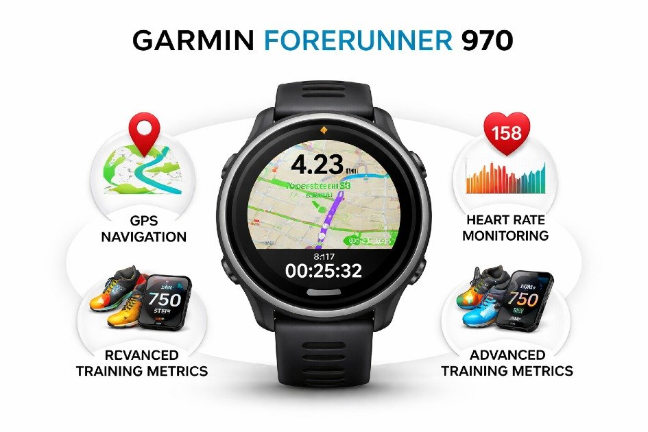 Garmin Forerunner 970 smartwatch displaying GPS, heart rate, and fitness tracking features