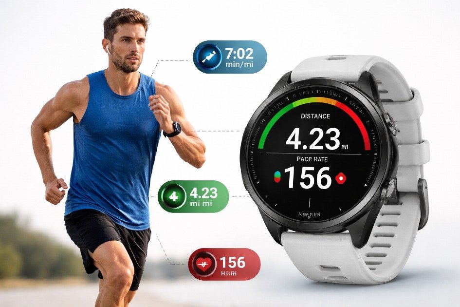 Athlete running outdoors wearing Garmin Forerunner 970 tracking pace distance and heart rate