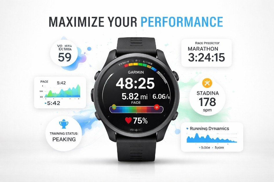 Garmin Forerunner 970s smartwatch displaying fitness metrics for runners
