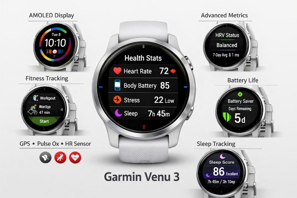 Garmin Venu 3 smartwatch displaying health tracking metrics, AMOLED screen, fitness features, and battery performance overview