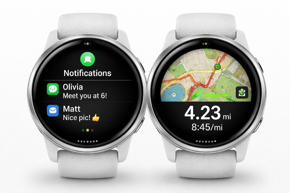 Garmin Venu 3 smartwatch receiving notifications and tracking GPS.