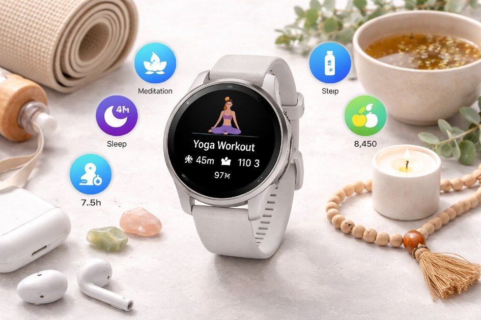 Garmin Venu 3 smartwatch paired with yoga and wellness apps for daily health.