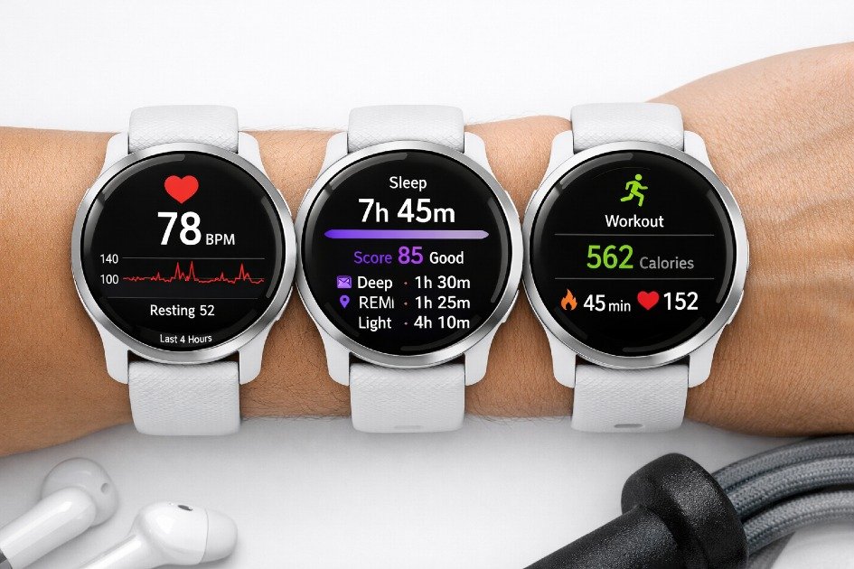 Garmin Venu 3 smartwatch displaying health metrics like heart rate, sleep tracking, and fitness stats on a user’s wrist