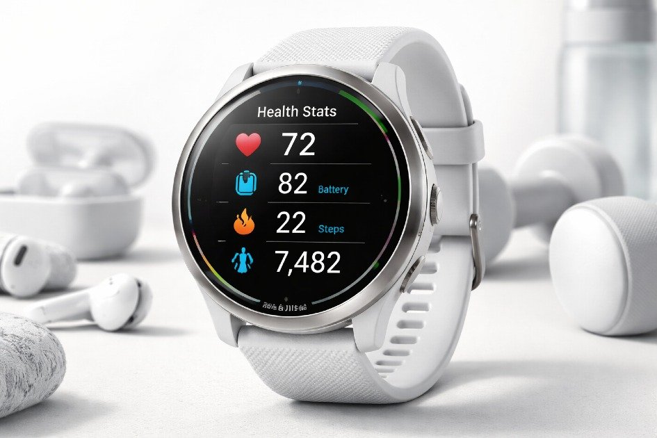 Garmin Venu 3 smartwatch displaying health metrics and fitness tracking features on a modern wrist