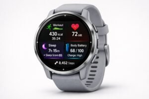 Garmin Venu 3 smartwatch displaying fitness tracking metrics and health insights on a modern AMOLED screen