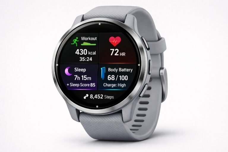 Garmin Venu 3 smartwatch displaying fitness tracking metrics and health insights on a modern AMOLED screen