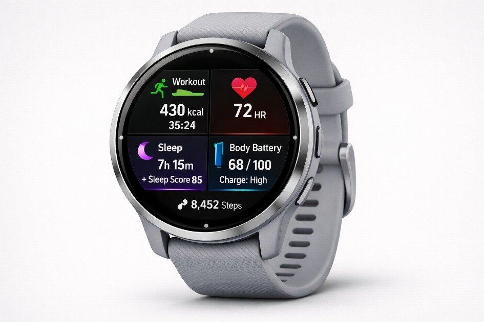 Garmin Venu 3 smartwatch displaying fitness tracking metrics and health insights on a modern AMOLED screen