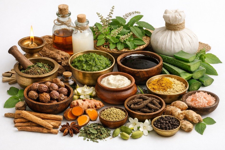 Traditional Ayurvedic herbal remedies with natural herbs and medicinal plants for holistic health