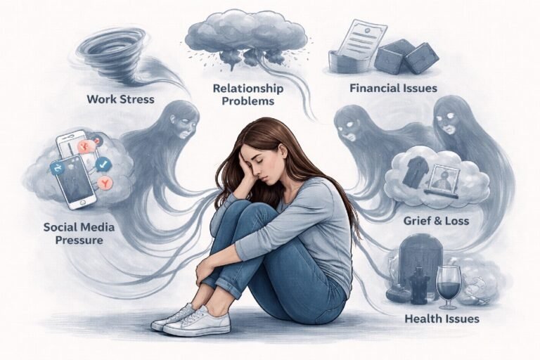 Woman sitting alone, overwhelmed by invisible stressors, illustrating hidden depression triggers.