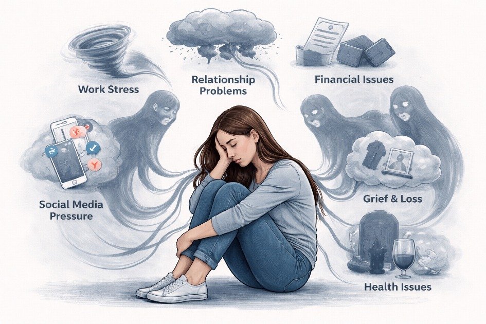 Woman sitting alone, overwhelmed by invisible stressors, illustrating hidden depression triggers.