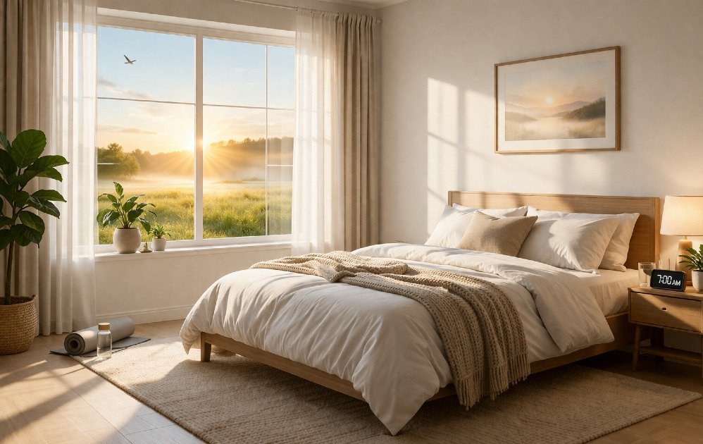 Peaceful bedroom with natural light illustrating healthy circadian rhythm for optimal sleep