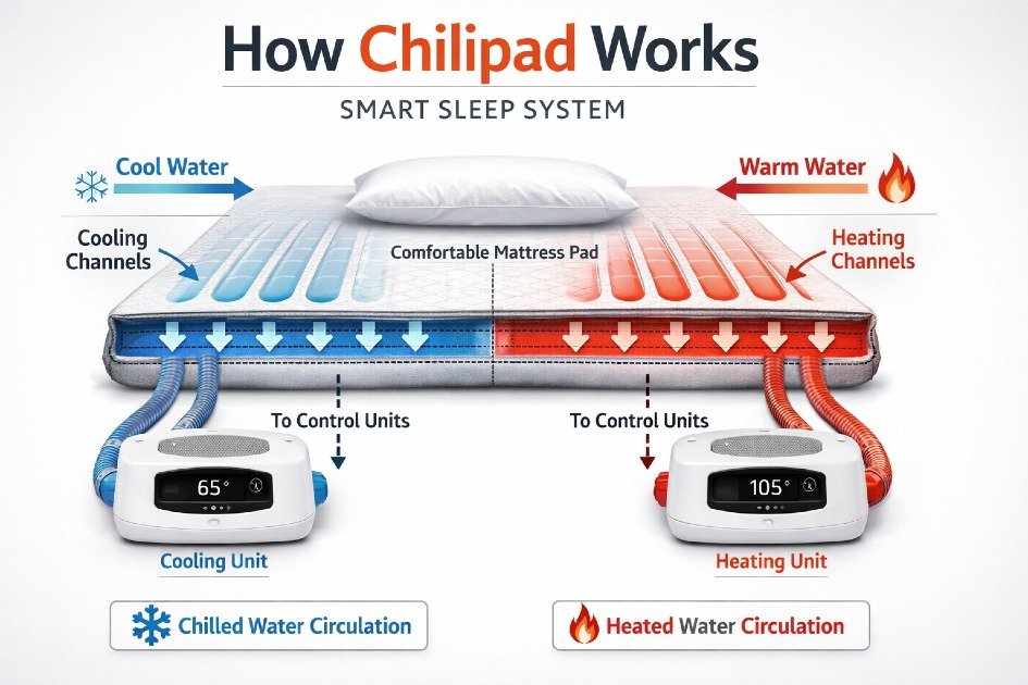 Chilipad smart sleep system showing cooling and heating water channels for temperature-controlled sleep