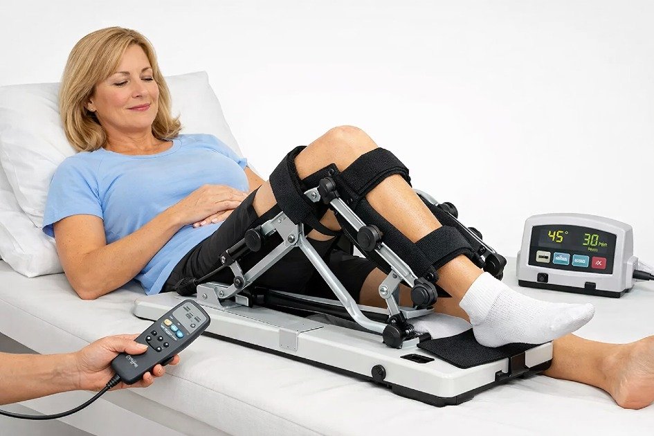 Patient using a continuous passive motion (CPM) machine on their knee for safe, guided rehabilitation.