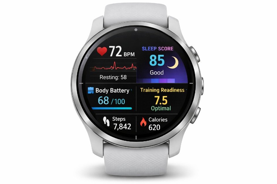 Garmin Venu 3 smartwatch displaying real-time health tracking metrics including heart rate, sleep score, and fitness insights on a modern AMOLED screen
