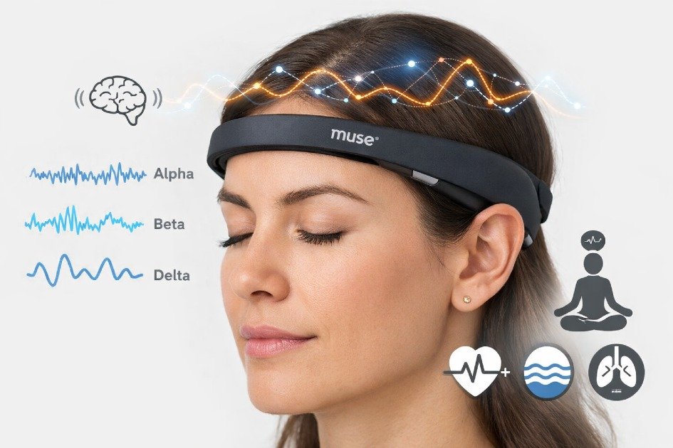 Close-up of Muse 2 brain-sensing headband tracking meditation and brainwaves