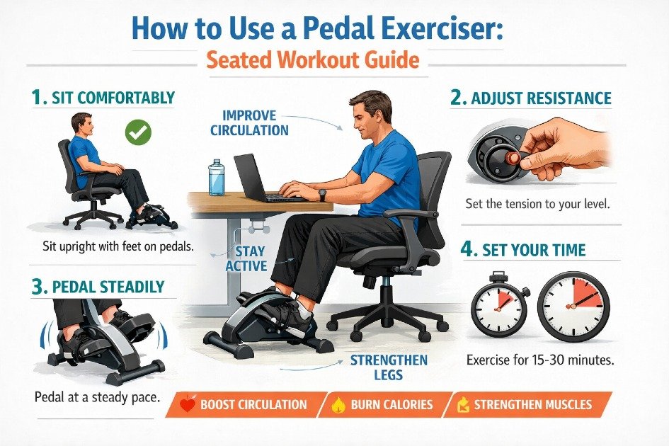 Person using a pedal exerciser under a desk to improve circulation, strengthen legs, and stay active while seated.