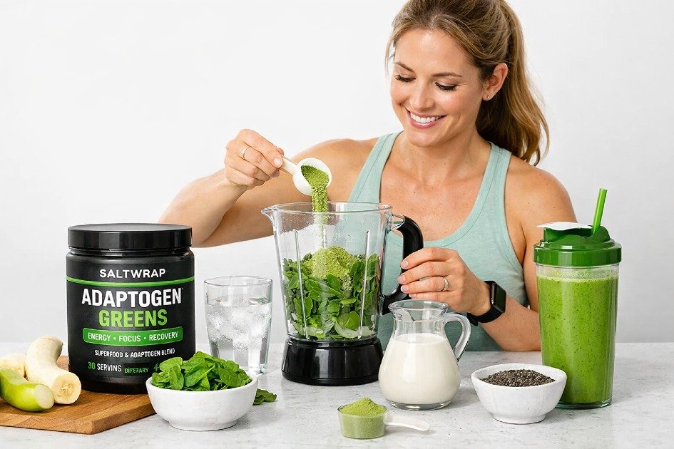 Woman preparing SaltWrap Adaptogen Greens smoothie for energy and wellness