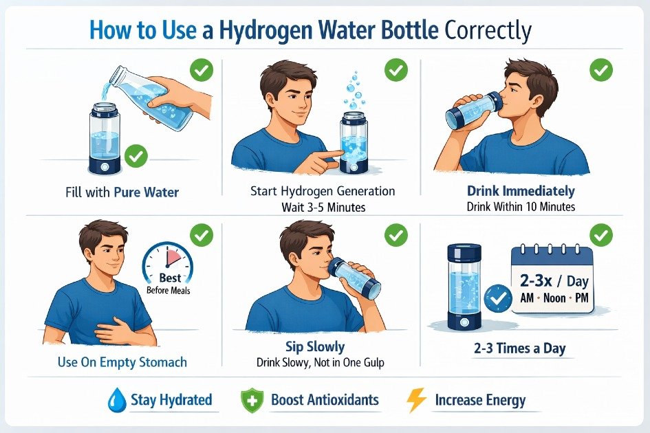 Person using a hydrogen water bottle properly for maximum health benefits