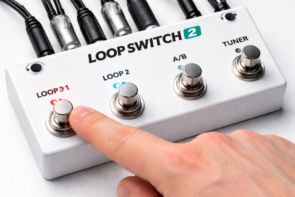 Close-up of the Loop Switch 2 pedalboard switch being operated for guitar signal control.